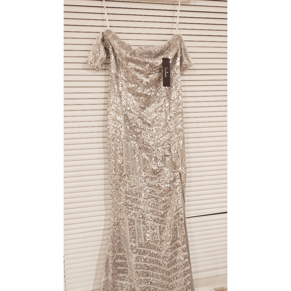 Lulu's You and Me Silver Sequin Off-the-Shoulder Mermaid Maxi Dress - Picture 1 of 7